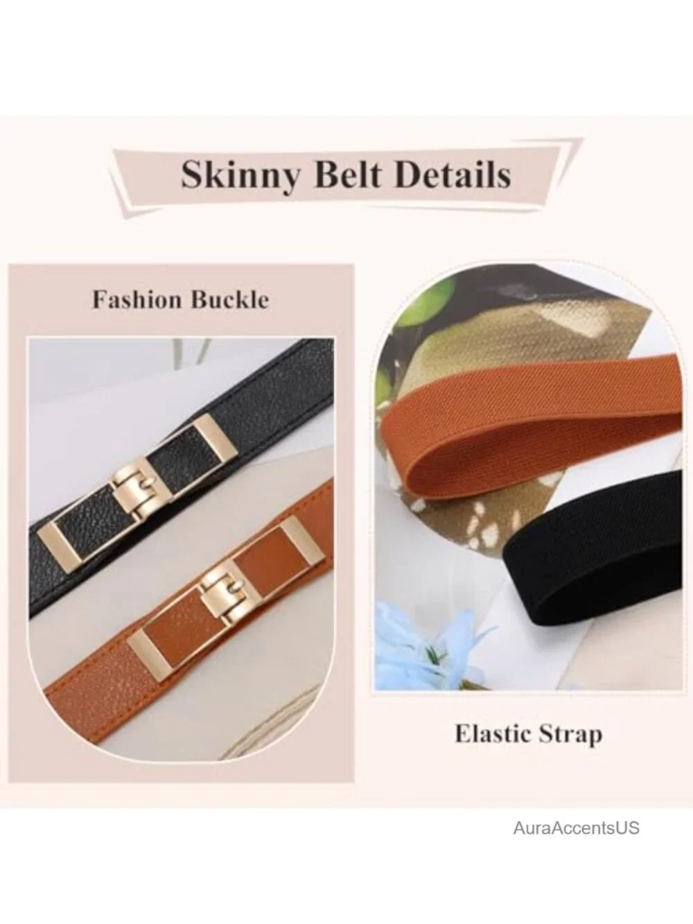 2 Pack Skinny Elastic Stretch Belt with Gold Buckle for Dresses